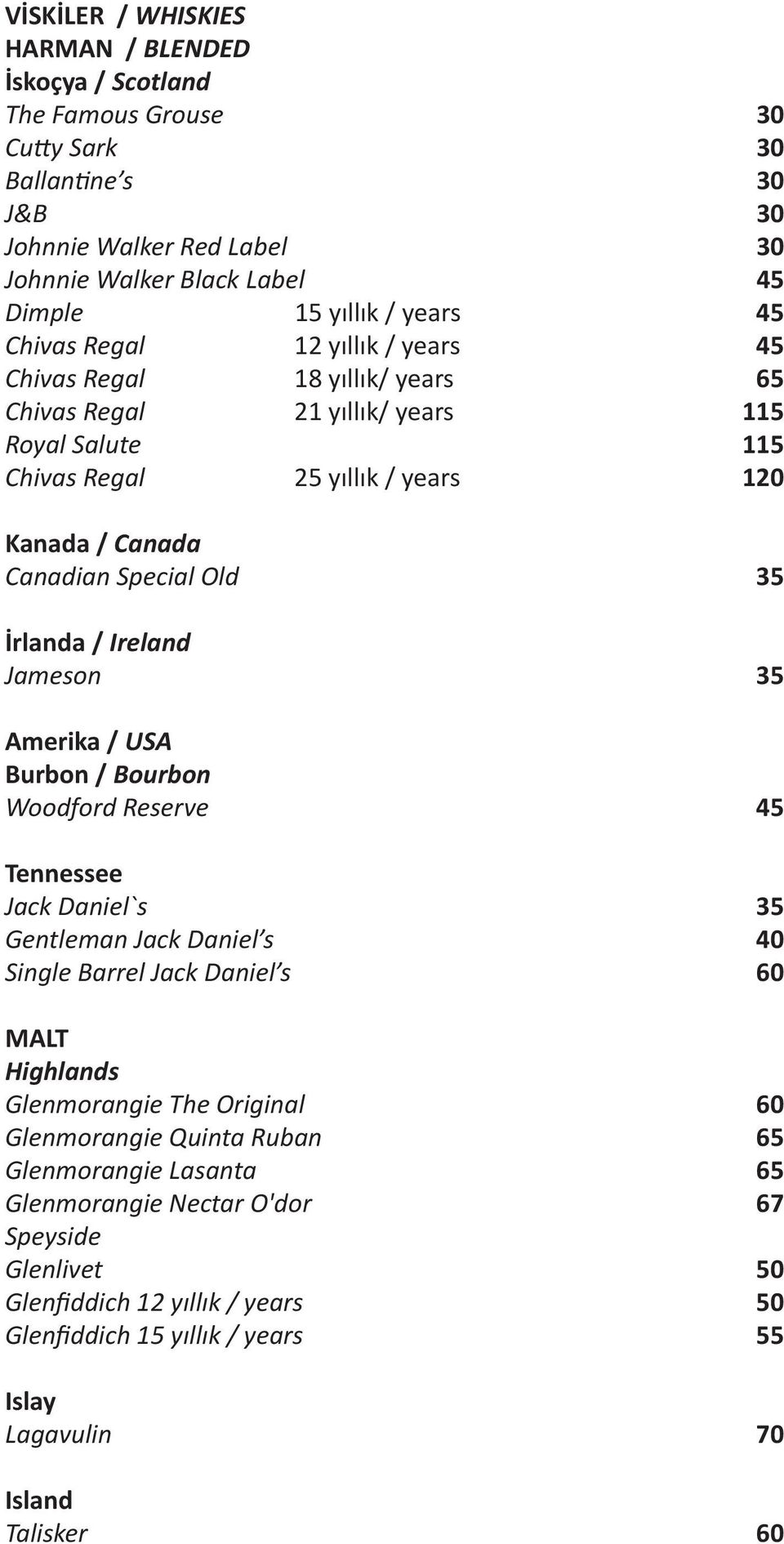 Ireland Jameson Amerika / USA Burbon / Bourbon Woodford Reserve 45 Tennessee Jack Daniel`s Gentleman Jack Daniel s 40 Single Barrel Jack Daniel s 60 MALT Highlands Glenmorangie The Original 60