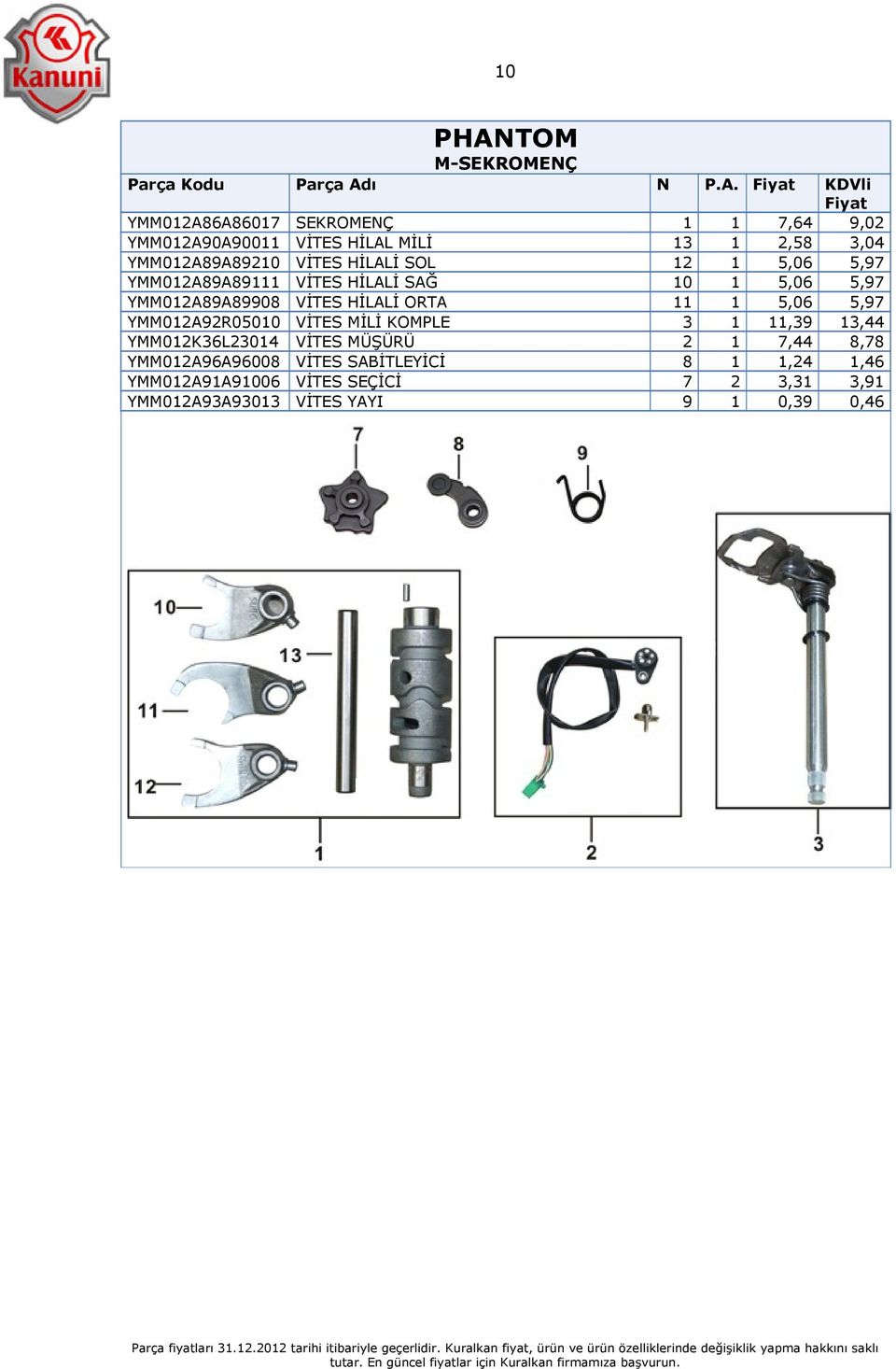 KDVli YMM012A86A86017 SEKROMENÇ 1 1 7,64 9,02 YMM012A90A90011 VİTES HİLAL MİLİ 13 1 2,58 3,04 YMM012A89A89210 VİTES HİLALİ SOL