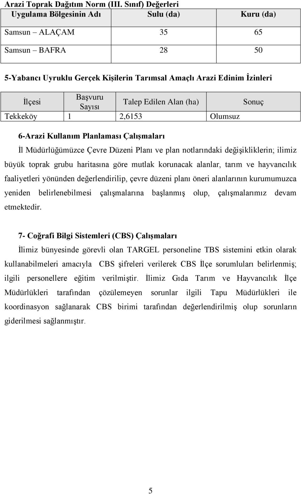Edilen Alan Tekkeköy 1 2,6153 Olumsuz Sonuç 6-Arazi Kullanım Planlaması Çalışmaları İl Müdürlüğümüzce Çevre Düzeni Planı ve plan notlarındaki değişikliklerin; ilimiz büyük toprak grubu haritasına