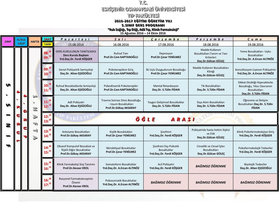 Ercan ALTINÖZ Genel Psikiyatrik Semiyoloji Doç.Dr. Altan EŞSZOĞLU Psikoterapilere Giriş Prof.Dr.Cem KAPTANOĞLU ki Uçlu Duygudurum Bozukluğu Prof.Dr.Çınar YENLMEZ Madde Kullanım Bozuklukları Kliniği Doç.