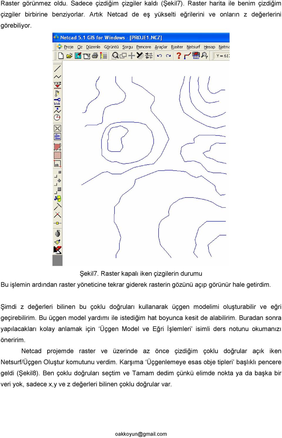 Raster kapalı iken çizgilerin durumu Bu işlemin ardından raster yöneticine tekrar giderek rasterin gözünü açıp görünür hale getirdim.