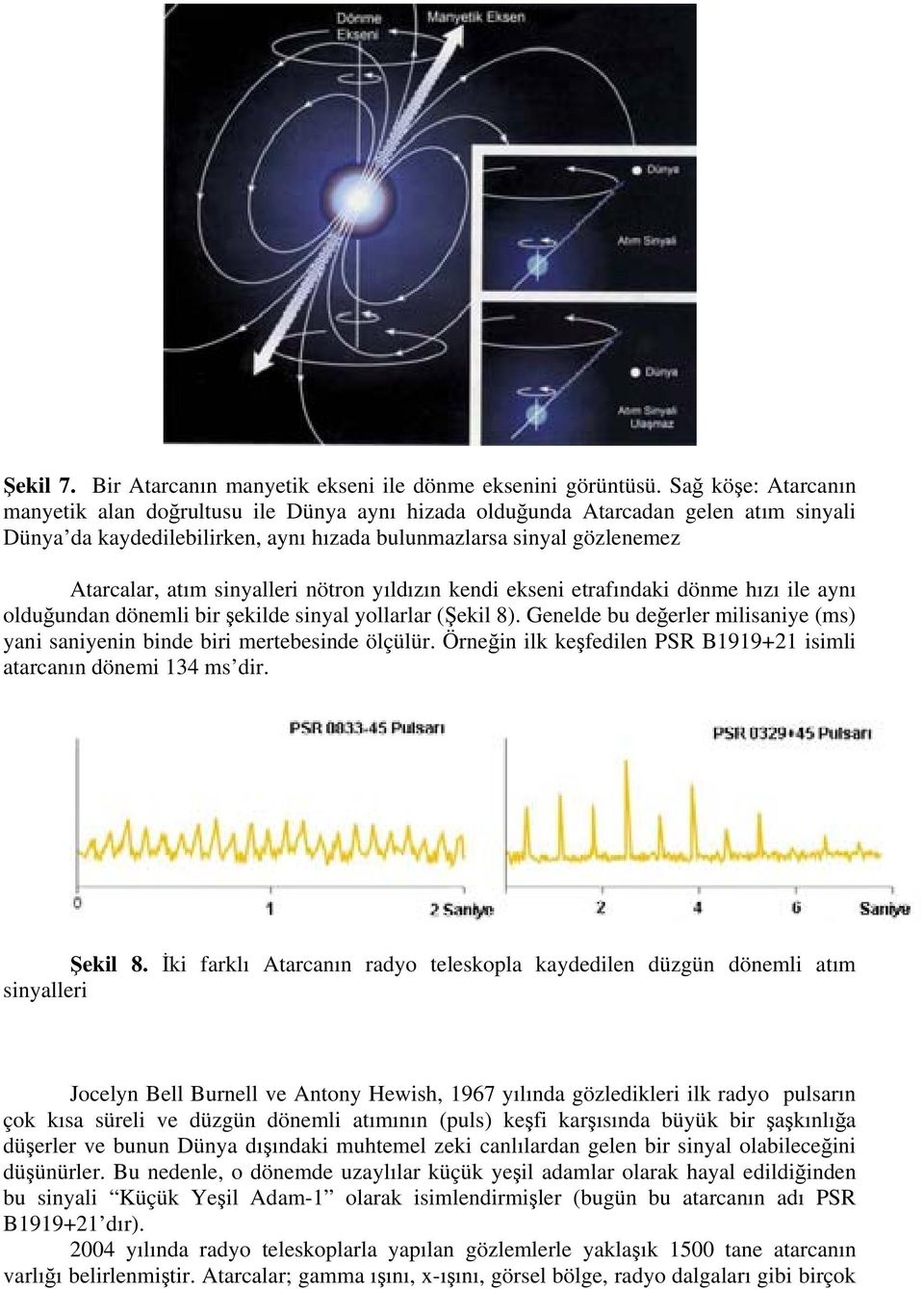 sinyalleri nötron yıldızın kendi ekseni etrafındaki dönme hızı ile aynı olduğundan dönemli bir şekilde sinyal yollarlar (Şekil 8).