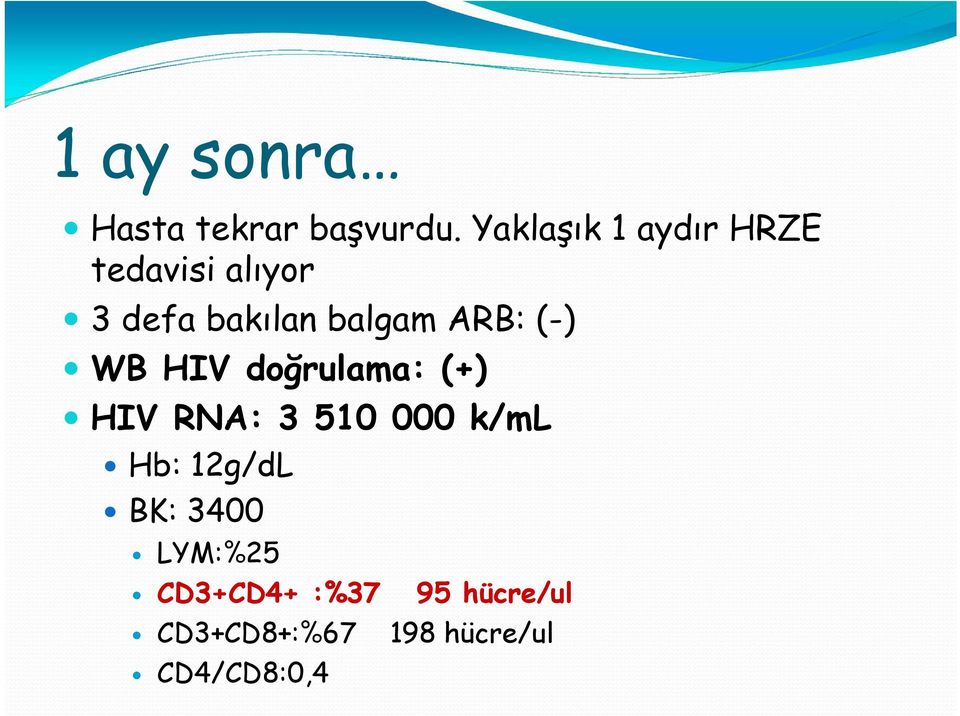 ARB: (-) WB HIV doğrulama: (+) HIV RNA: 3 510 000 k/ml Hb: