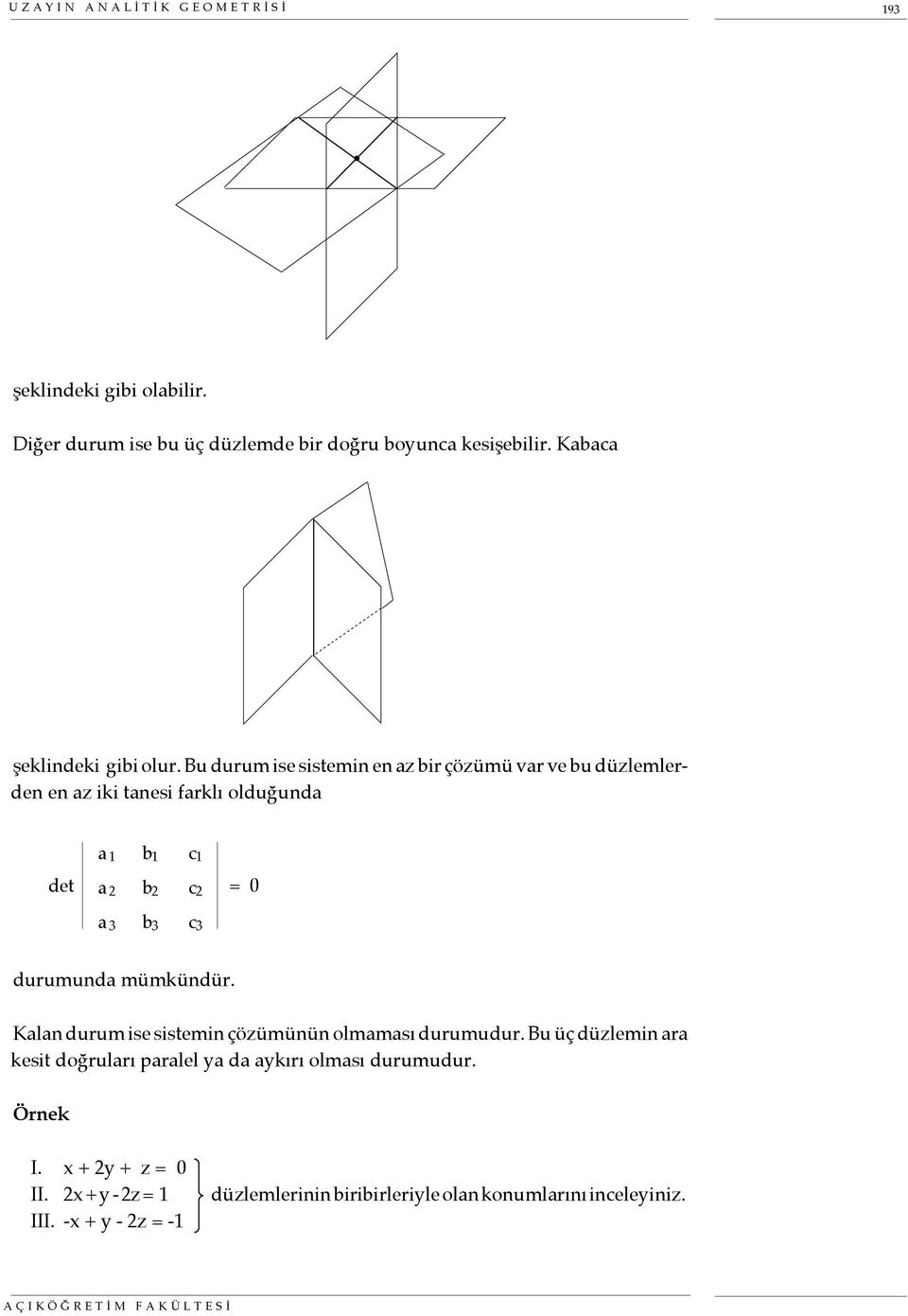 Bu durum ise sistemin en az bir çözümü var ve bu düzlemlerden en az iki tanesi farklı olduğunda det a 1 b 1 c 1 a 2 b 2 c 2 a 3 b 3 c 3 = 0