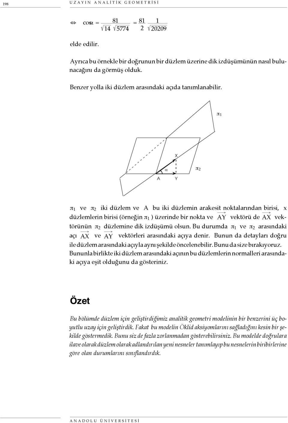 π 1 X α π 2 A Y π 1 ve π 2 iki düzlem ve A bu iki düzlemin arakesit noktalarından birisi, x düzlemlerin birisi (örneğin π 1 ) üzerinde bir nokta ve AY vektörü de AX vektörünün π 2 düzlemine dik