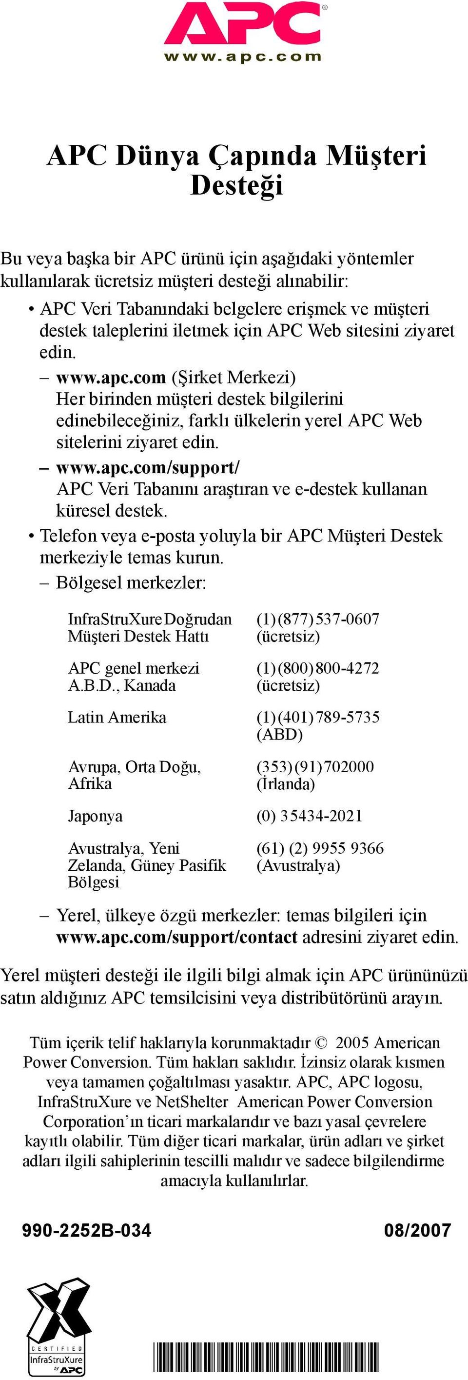 www.apc.com/support/ APC Veri Tabanını araştıran ve e-destek kullanan küresel destek. Telefon veya e-posta yoluyla bir APC Müşteri Destek merkeziyle temas kurun.