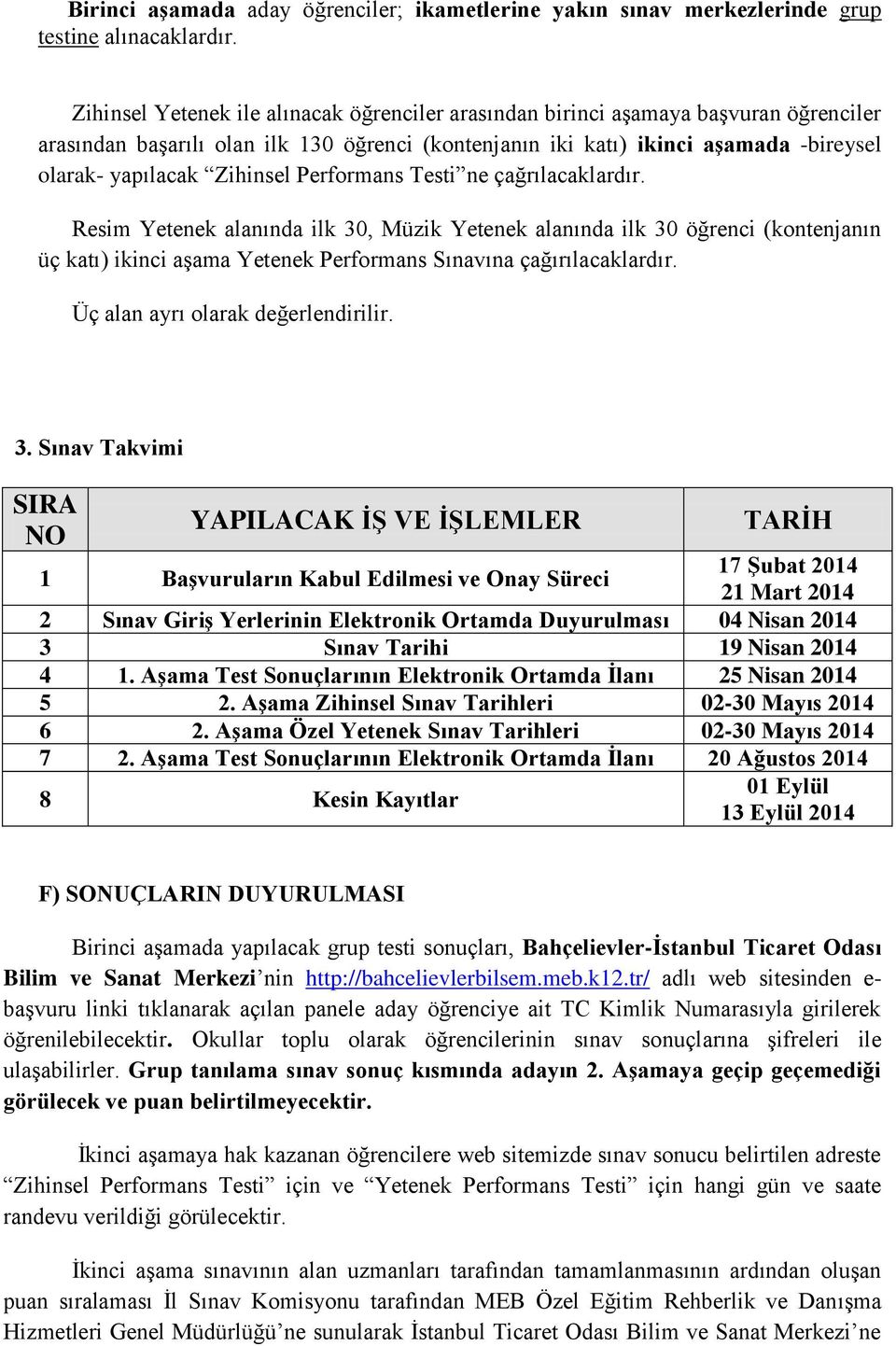 Zihinsel Performans Testi ne çağrılacaklardır. Resim Yetenek alanında ilk 30, Müzik Yetenek alanında ilk 30 öğrenci (kontenjanın üç katı) ikinci aşama Yetenek Performans Sınavına çağırılacaklardır.