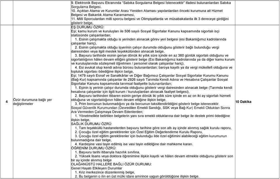 Milli Sporculardan milli sporcu belgesi ve Olimpiyatlarda ve müsabakalarda ilk 3 dereceye girdiğini gösterir belge, EŞ DURUMU ÖZRÜ: Eşi; kamu kurum ve kuruluşları ile 506 sayılı Sosyal Sigortalar