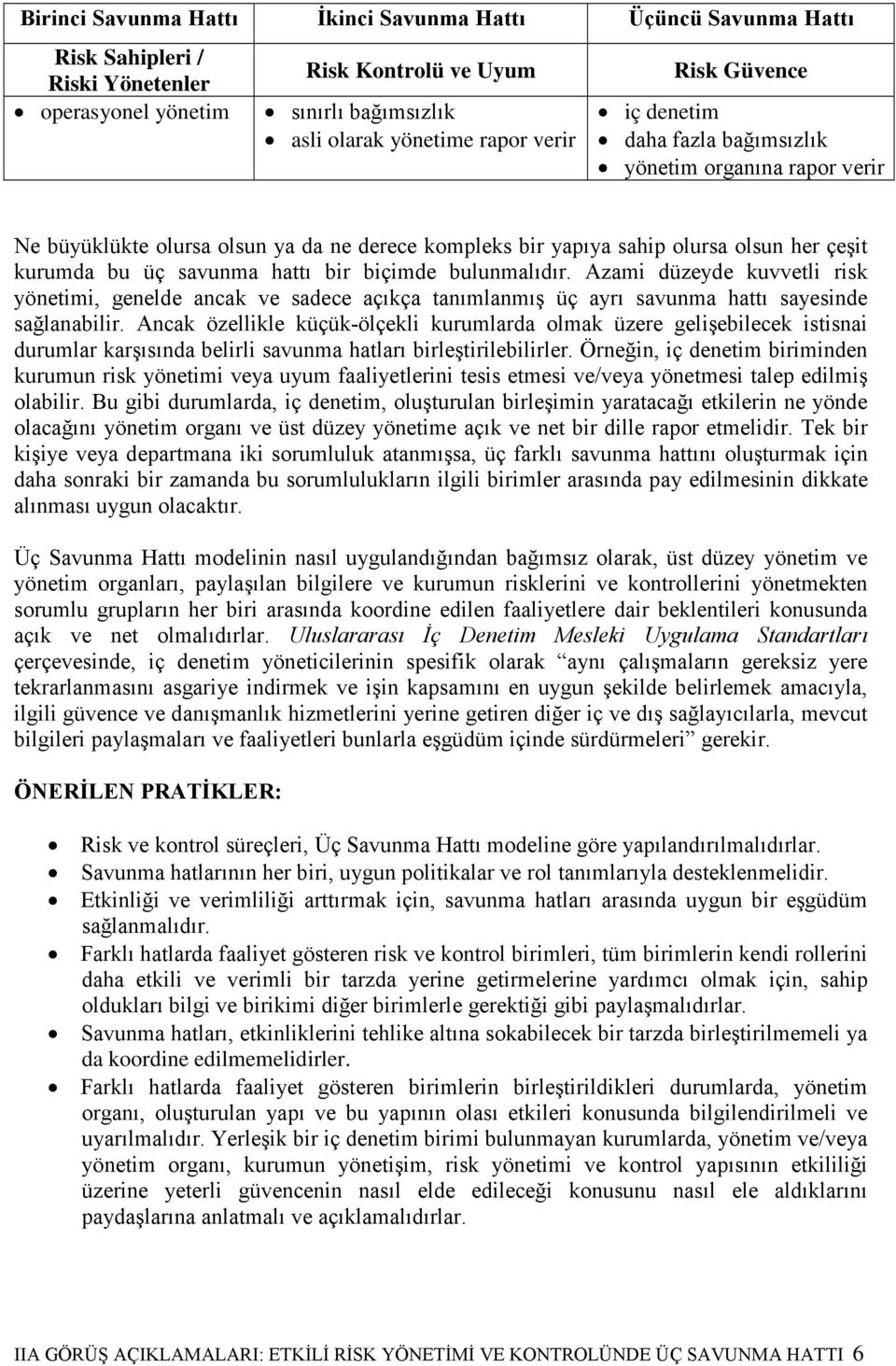 biçimde bulunmalıdır. Azami düzeyde kuvvetli risk yönetimi, genelde ancak ve sadece açıkça tanımlanmış üç ayrı savunma hattı sayesinde sağlanabilir.