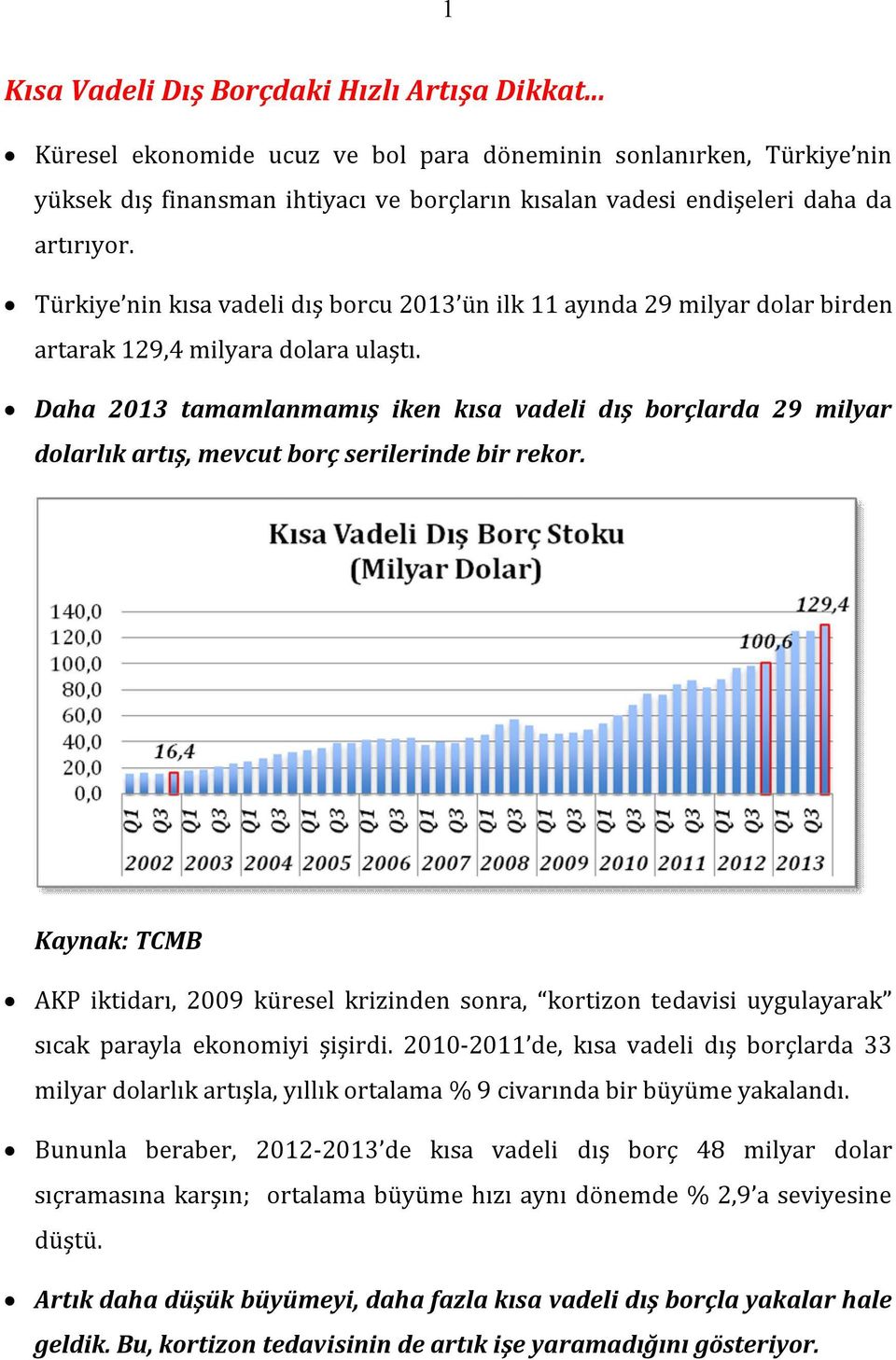 Türkiye nin kısa vadeli dış borcu 2013 ün ilk 11 ayında 29 milyar dolar birden artarak 129,4 milyara dolara ulaştı.