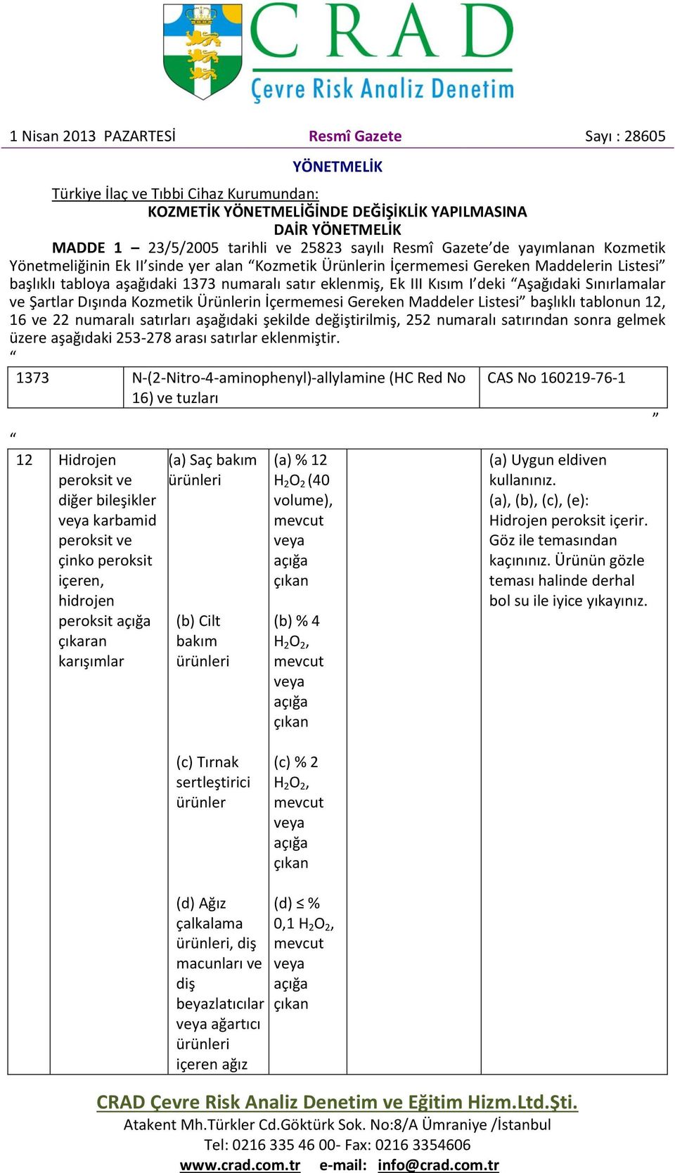 Kısım I deki Aşağıki Sınırlamalar ve Şartlar Dışın Kozmetik Ürünlerin İçermemesi Gereken Maddeler Listesi başlıklı tablonun 12, 16 ve 22 numaralı satırları aşağıki şekilde değiştirilmiş, 252 numaralı