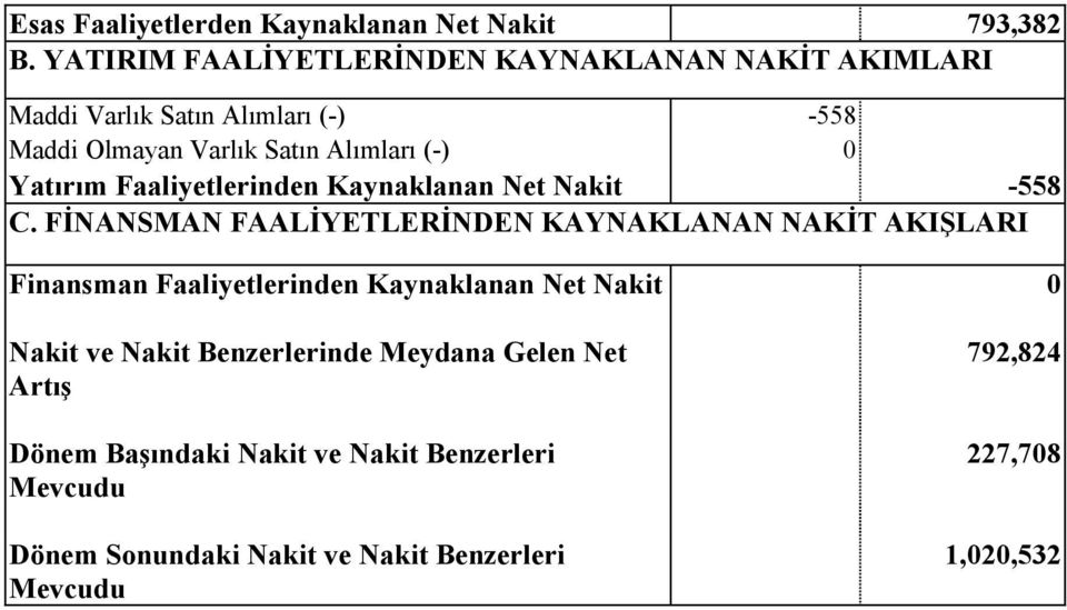 Yatırım Faaliyetlerinden Kaynaklanan Net Nakit -558 C.