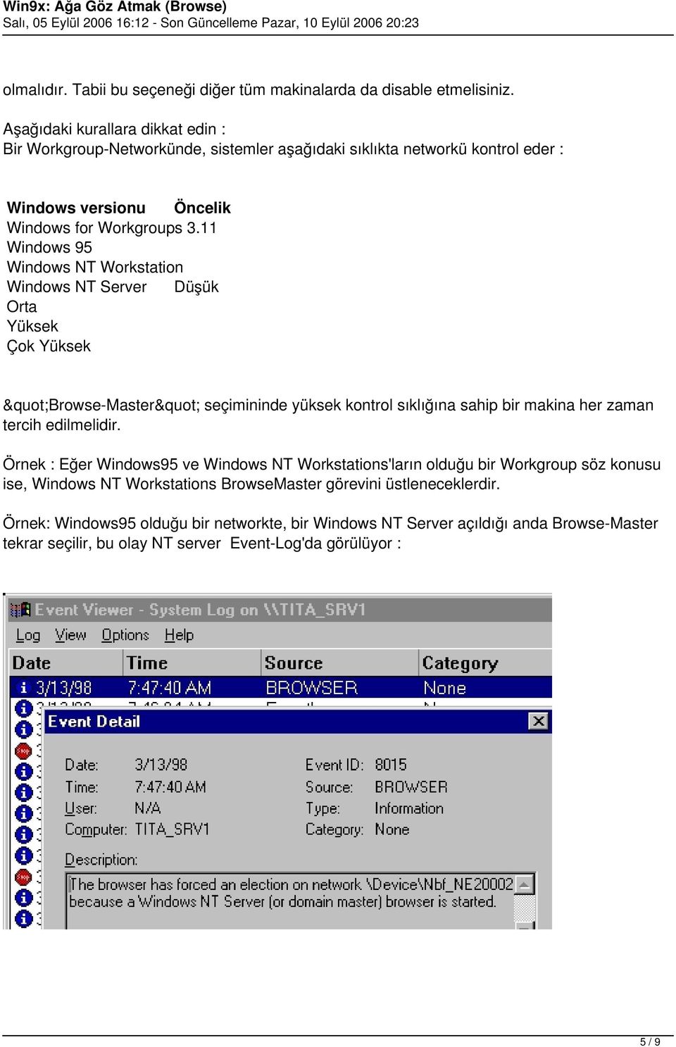 11 Windows 95 Windows NT Workstation Windows NT Server Düşük Orta Yüksek Çok Yüksek "Browse-Master" seçimininde yüksek kontrol sıklığına sahip bir makina her zaman tercih edilmelidir.