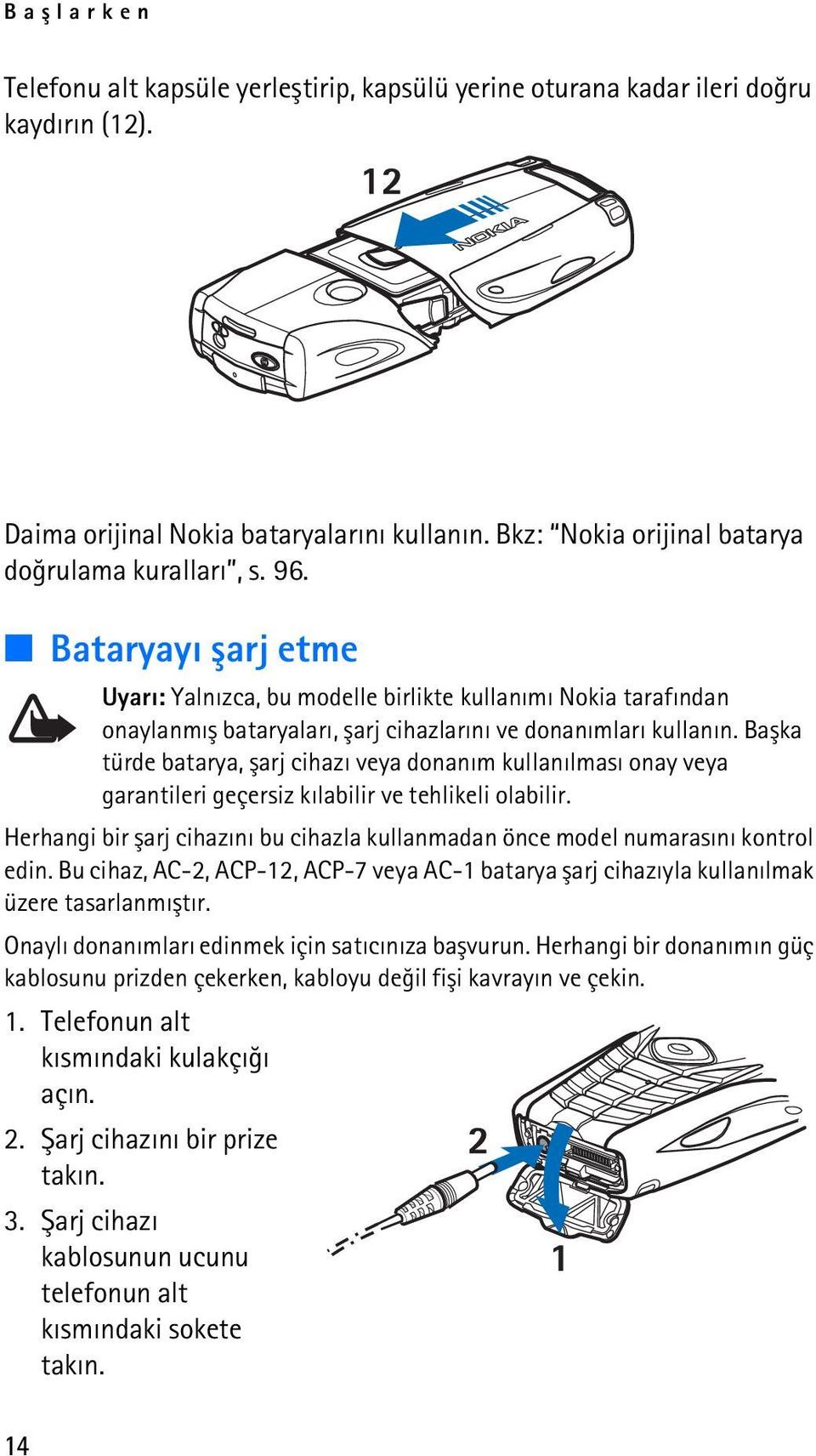 Baþka türde batarya, þarj cihazý veya donaným kullanýlmasý onay veya garantileri geçersiz kýlabilir ve tehlikeli olabilir.