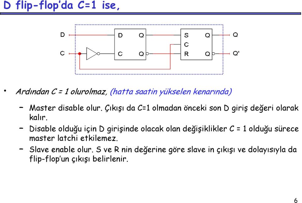 Disable olduğu için D girişinde olacak olan değişiklikler C = 1 olduğu sürece master latchi