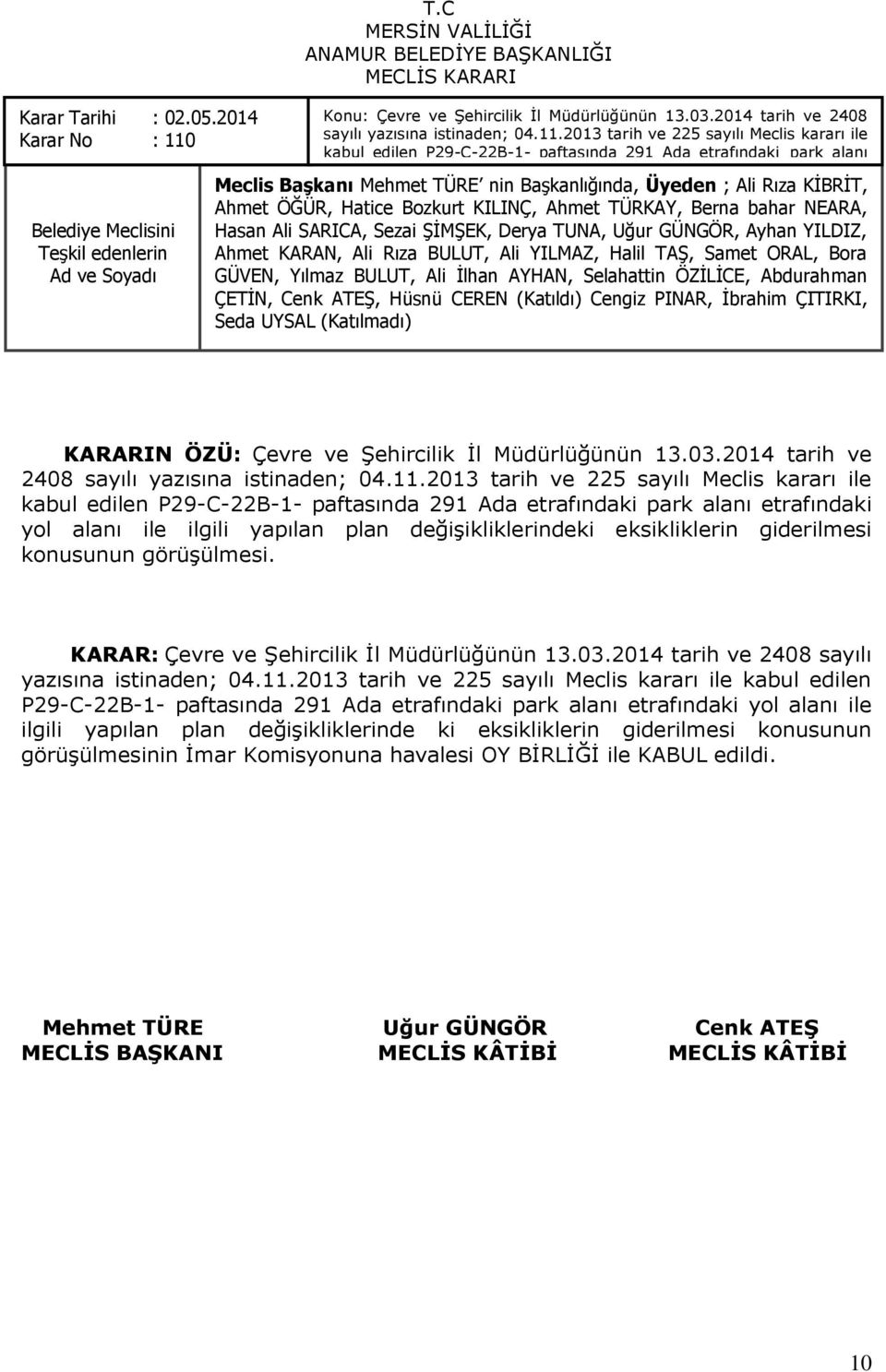 2013 tarih ve 225 sayılı Meclis kararı ile kabul edilen P29-C-22B-1- paftasında 291 Ada etrafındaki park alanı etrafındaki yol alanı ile ilgili yapılan plan Ahmet ÖĞÜR, değiģikliklerinde Hatice