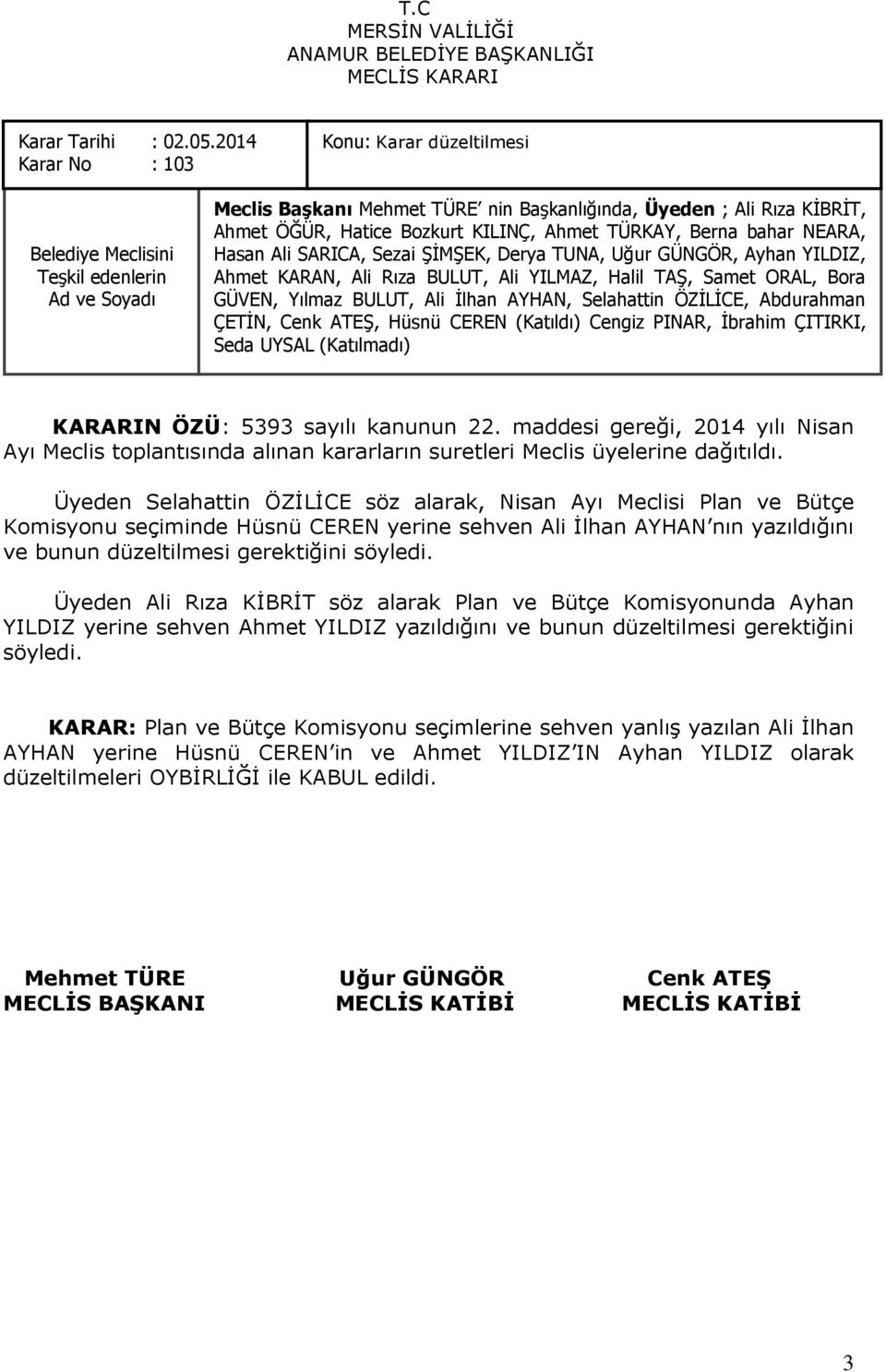 Üyeden Selahattin ÖZĠLĠCE söz alarak, Nisan Ayı Meclisi Plan ve Bütçe Komisyonu seçiminde Hüsnü CEREN yerine sehven Ali Ġlhan AYHAN nın yazıldığını ve bunun düzeltilmesi gerektiğini söyledi.