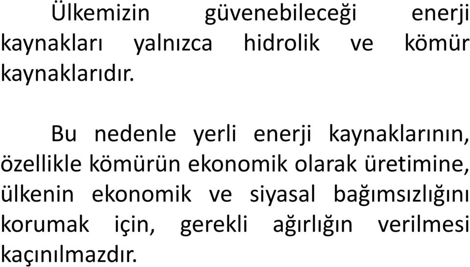 Bu nedenle yerli enerji kaynaklarının, özellikle kömürün ekonomik