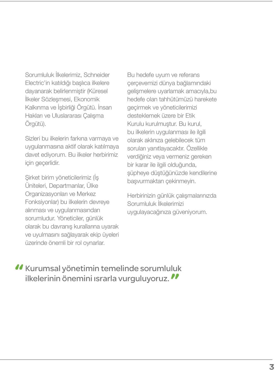 Şirket birim yöneticilerimiz (İş Üniteleri, Departmanlar, Ülke Organizasyonları ve Merkez Fonksiyonlar) bu ilkelerin devreye alınması ve uygulanmasından sorumludur.