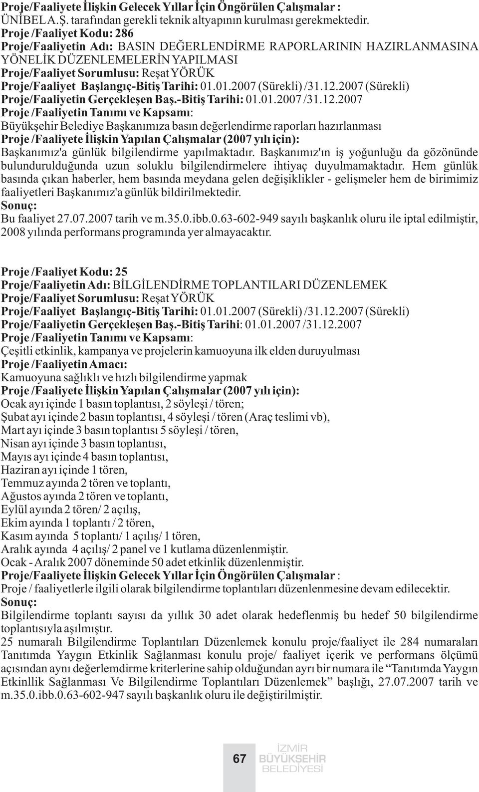 2007 (Sürekli) Büyükþehir Belediye Baþkanýmýza basýn deðerlendirme raporlarý hazýrlanmasý Baþkanýmýz'a günlük bilgilendirme yapýlmaktadýr.