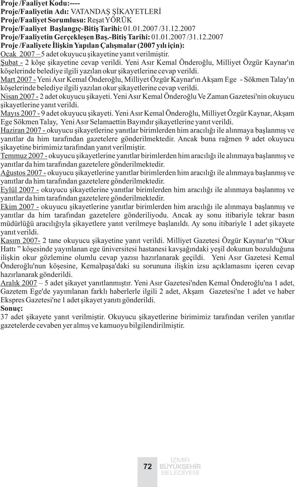 Mart 2007 - Yeni Asýr Kemal Önderoðlu, Milliyet Özgür Kaynar'ýn Akþam Ege - Sökmen Talay'ýn köþelerinde belediye ilgili yazýlan okur þikayetlerine cevap verildi. Nisan 2007-2 adet okuyucu þikayeti.