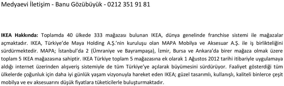 MAPA; İstanbul da 2 (Ümraniye ve Bayrampaşa), İzmir, Bursa ve Ankara da birer mağaza olmak üzere toplam 5 IKEA mağazasına sahiptir.