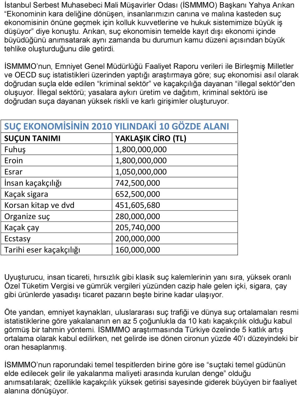 Arıkan, suç ekonomisin temelde kayıt dışı ekonomi içinde büyüdüğünü anımsatarak aynı zamanda bu durumun kamu düzeni açısından büyük tehlike oluşturduğunu dile getirdi.