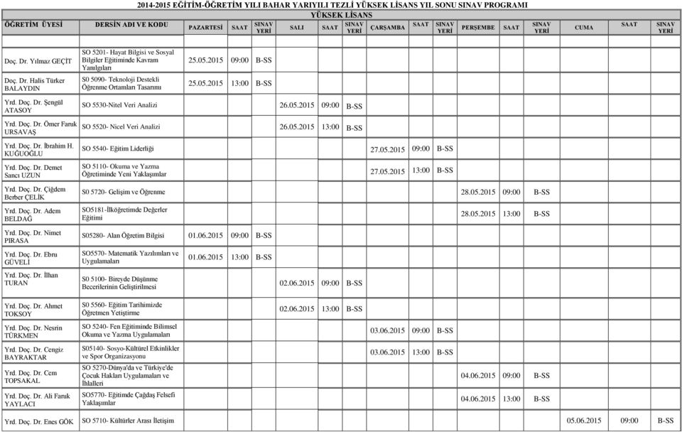 06.2015 09:00 B-SS 01.06.2015 13:00 B-SS 02.06.2015 09:00 B-SS 02.06.2015 13:00 B-SS SO 5240- Fen nde Bilimsel Okuma ve Yazma 03.06.2015 09:00 B-SS Çocuk Hakları ve 03.