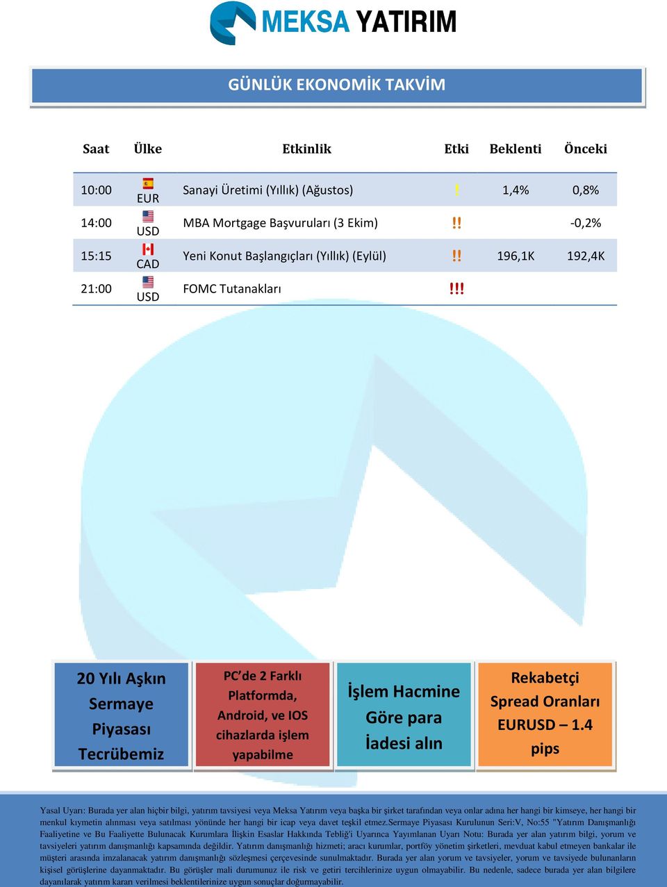 !!!!! 20 Yılı Aşkın Sermaye Piyasası Tecrübemiz PC de 2 Farklı Platformda, Android, ve IOS cihazlarda işlem yapabilme İşlem Hacmine Göre para İadesi alın Rekabetçi Spread Oranları EURUSD 1.