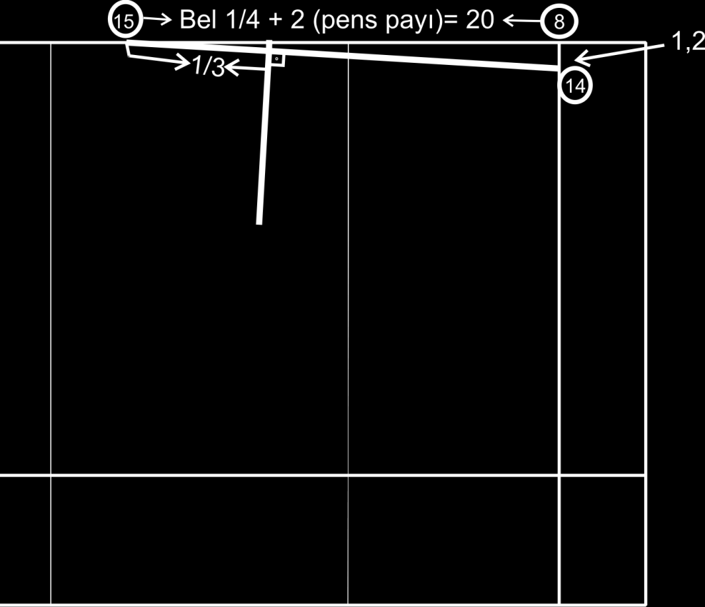 8 den aşağıya 1,2 cm inilir 14 ve sola doğru Bel 1\4 + 2 cm (pens payı)= 20 cm işaretlenir 15. 15 ile 14 düz birleştirilir.