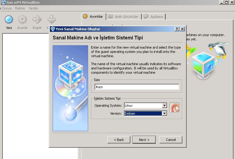 VirtualBox Adım 1 Yeni sanal makine oluşturma işlemi seçilir.