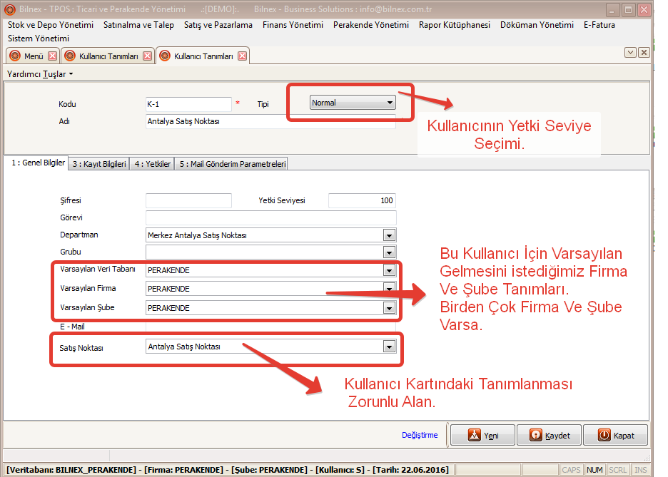 Programımızda ki Perakende Yönetimi \ Tanımlar \ Perakende Satış Noktası Tanımları menüsüne girilir.