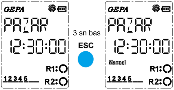 4.14. Manuel Mod Cihazın kontakları manuel olarak kontrol edilmek istenildiğinde, ana ekranda ESC butonuna 3sn boyunca basılır. Ekranda Manuel simgesi görüldüğünde cihaz manuel moda geçmiştir.