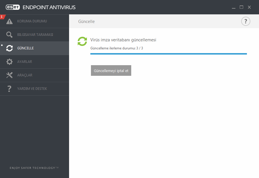 Güncelleme işlemi Virüs imza veritabanını güncelle seçeneği tıklatıldıktan sonra karşıdan yükleme işlemi başlar. Karşıdan yükleme ilerleme çubuğu ve kalan yükleme zamanı görüntülenir.
