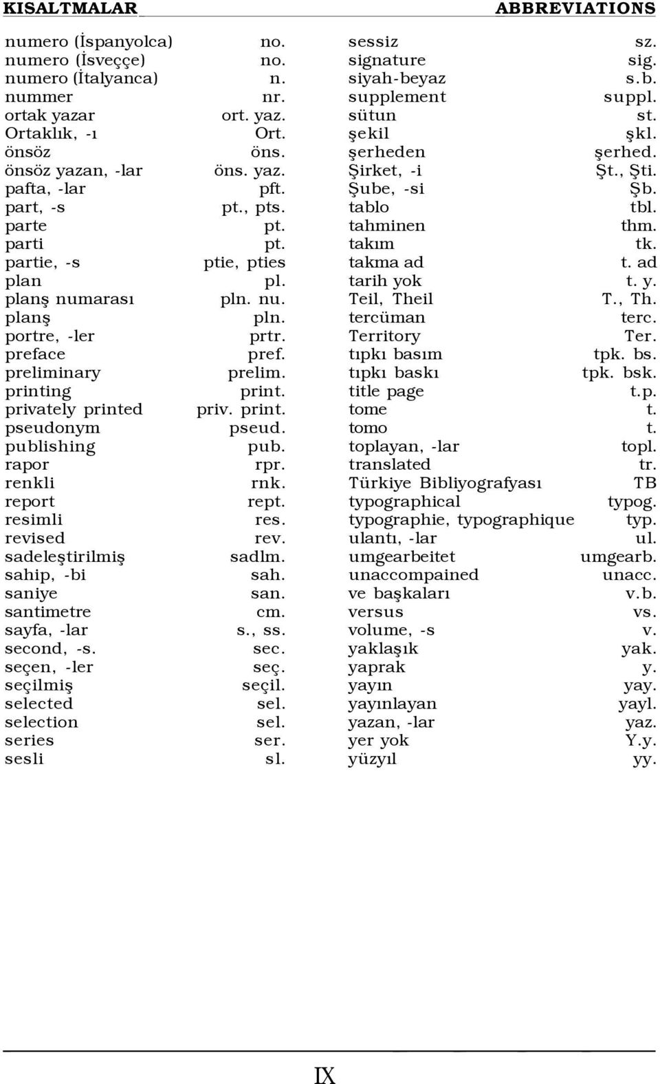 publishing pub. rapor rpr. renkli rnk. report rept. resimli res. revised rev. sadeleßtirilmiß sadlm. sahip, -bi sah. saniye san. santimetre cm. sayfa, -lar s., ss. second, -s. sec. se en, -ler se.