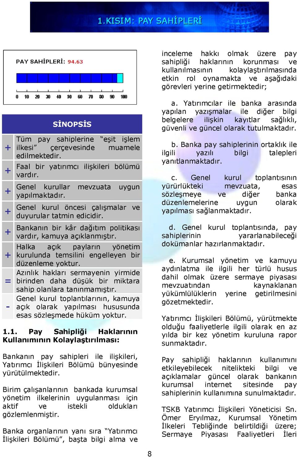 Genel kurul öncesi çalışmalar ve duyurular tatmin edicidir. Bankanın bir kâr dağıtım politikası vardır, kamuya açıklanmıştır.