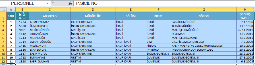 Örnek-3 Çözüm: Personel sayfasındaki tablo aralığı (sicil numarasından itibaren) seçilerek bu alana AD KUTUSU üzerinden PERSONEL adı