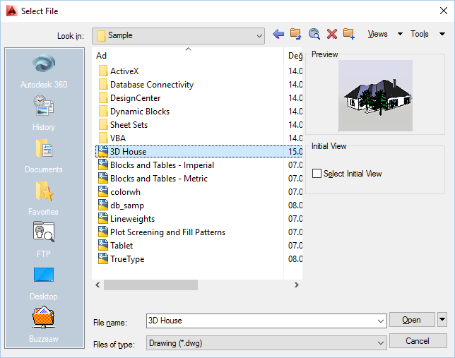 AutoCAD 2014 Kullanımı Dosya İşlemleri OPEN (AÇ - MEVCUT DOSYALARI AÇMAK) Komut: Open Kısa yol: Ctrl+O Çekme Menü: File > Open Standart araç çubuğu: Open düğmesi Dosya türü (Files of type) açılan