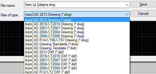 AutoCAD 2014 Kullanımı Dosya İşlemleri SAVE (KAYDETMEK) Save komutu, AutoCAD ortamında hazırlanmış çizim dosyalarını daha sonra tekrar kullanılmak üzere kaydeder.