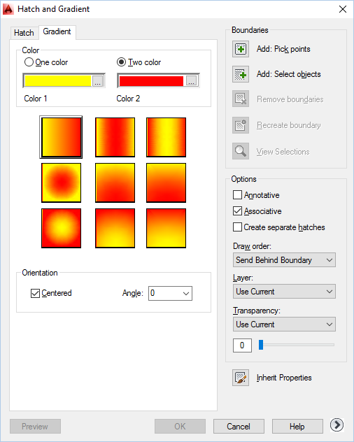 AutoCAD 2014 Kullanımı Hatch (Tarama) Komutu Gradient sekmesi ile geçişli taramaların yapılması işlemleri gerçekleştirilir.