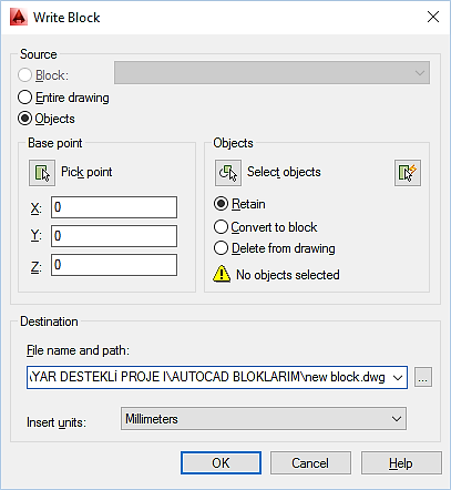 AutoCAD 2014 Kullanımı Block (Bloklama) Komutu Blokları Diske Kaydetmek Block komutuyla yapılan bloklar ancak o anda çalışılan çizim dosyasında kullanılır.