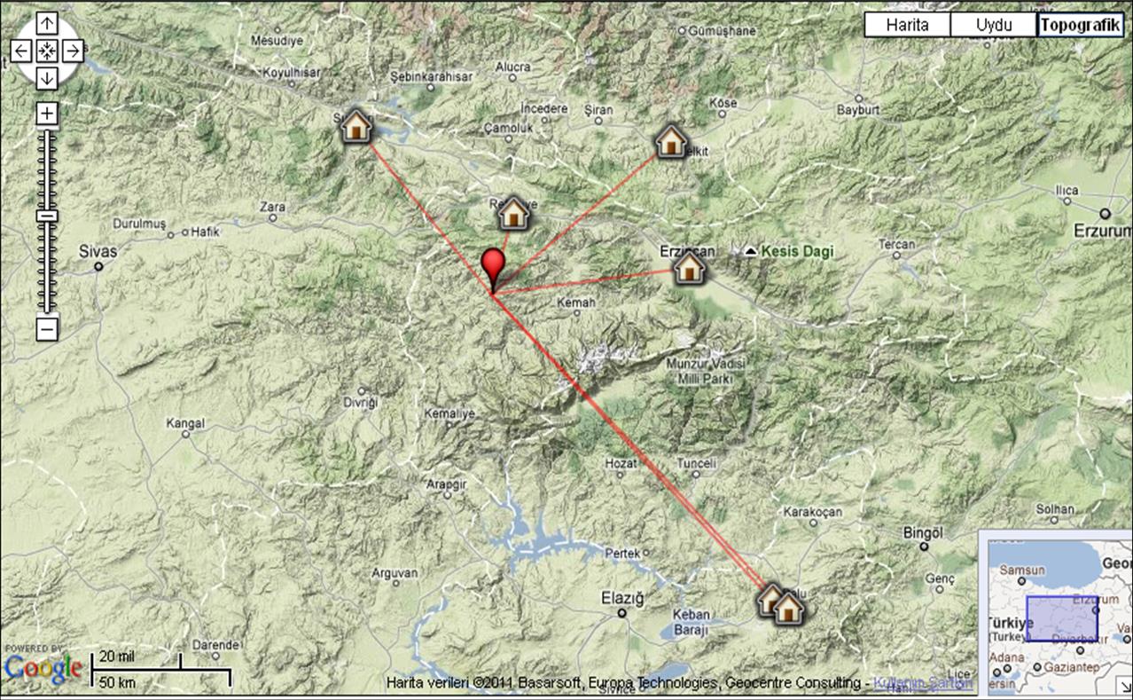 Şiddet Haritaları 22 Eylül 2011 tarihli Erzincan-Kemah Depremi ivme dağılım haritası ve