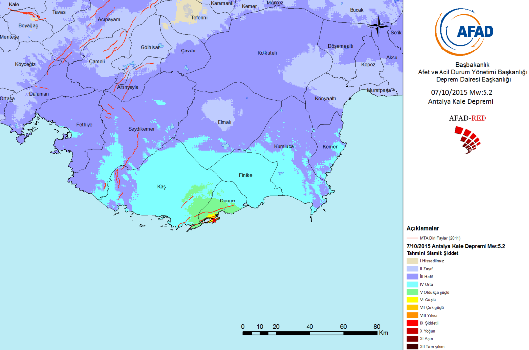 TAHMİNİ SİSMİK ŞİDDET SONUÇLARI 7 Ekim 2015 tarihli Antalya Kale Depremi nin AFAD RED programı kullanılarak hazırlanan tahmini sismik şiddet dağılım haritası Şekil 2.5 de verilmiştir.