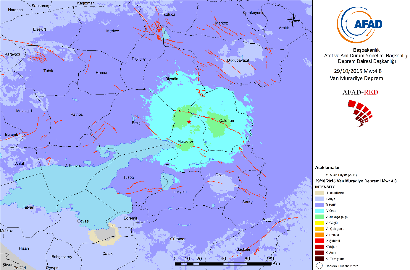 Tablo 4.2. 29 Ekim 2015 tarihinde meydana gelen Van-Muradiye Depremini (Mw=4.8) kaydeden istasyon bilgileri ve ivme değerleri tablosu Sıra No İl İstasyon İlçe Enlem Boylam Rakım (m) 1 Van CALDIRAN 39.