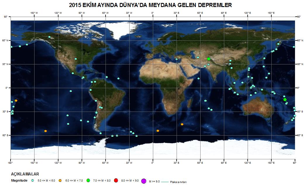 5. 2015 EKİM AYINDA DÜNYA DA ÖNE ÇIKAN DEPREM ETKİNLİKLERİ 2015 Ekim ayı içerisinde Dünya da büyüklüğü 5 ve üzeri olan toplam 111 deprem meydana gelmiştir (Şekil 5.1).