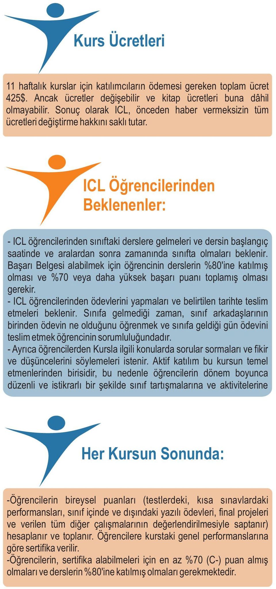 ICL Öðrencilerinden Beklenenler: - ICL öðrencilerinden sýnýftaki derslere gelmeleri ve dersin baþlangýç saatinde ve aralardan sonra zamanýnda sýnýfta olmalarý beklenir.