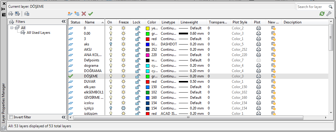 4 Katman düzenlemesi DDLMODES komutu tarafından kontrol edilmektedir. DDLMODES Layer Control dialog box ı ekrana getirmektedir. Şekil 2.