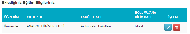 Eğitim Bilgileri Adayın aldığı eğitim ile bilgilerini tanımlayabileceği sayfadır. Birden fazla eğitim düzeyi girilebilir.