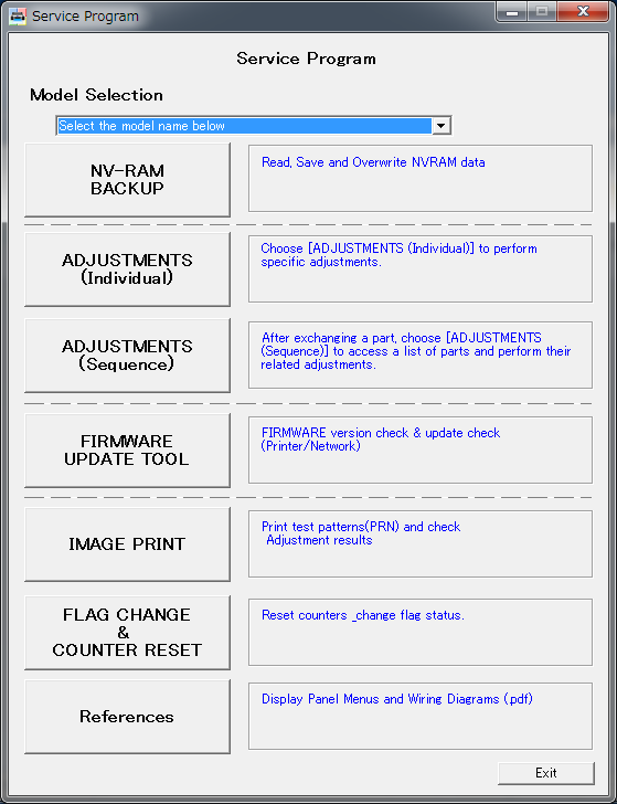 4.1.5 Service Program Basic Operations This section describes the basic operations of the Service Program. + ) 7 6 1 Save the Service Program on the desktop or directly under the C drive.