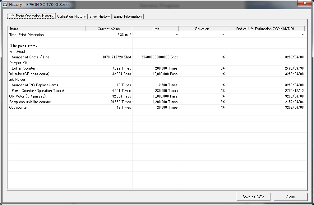 4.2.3 NVRAM Viewer Basic Operation The following functions are provided. 1. Displays the Life Parts Operation History 2. Displays the history how the printer has been used (Utilization History) 3.